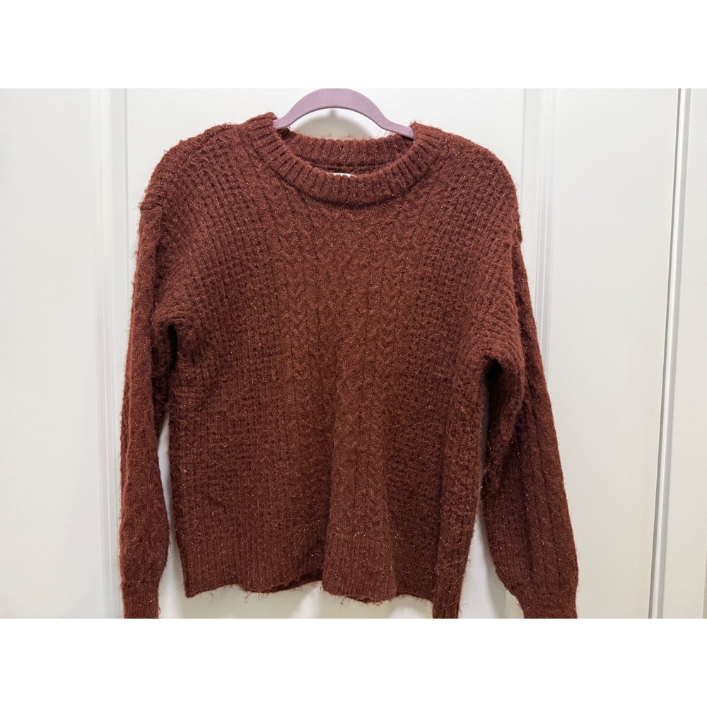 LC Lauren Conrad XS Burgundy Metallic Shimmer Cable Knit Crewneck Sweater Rust‎